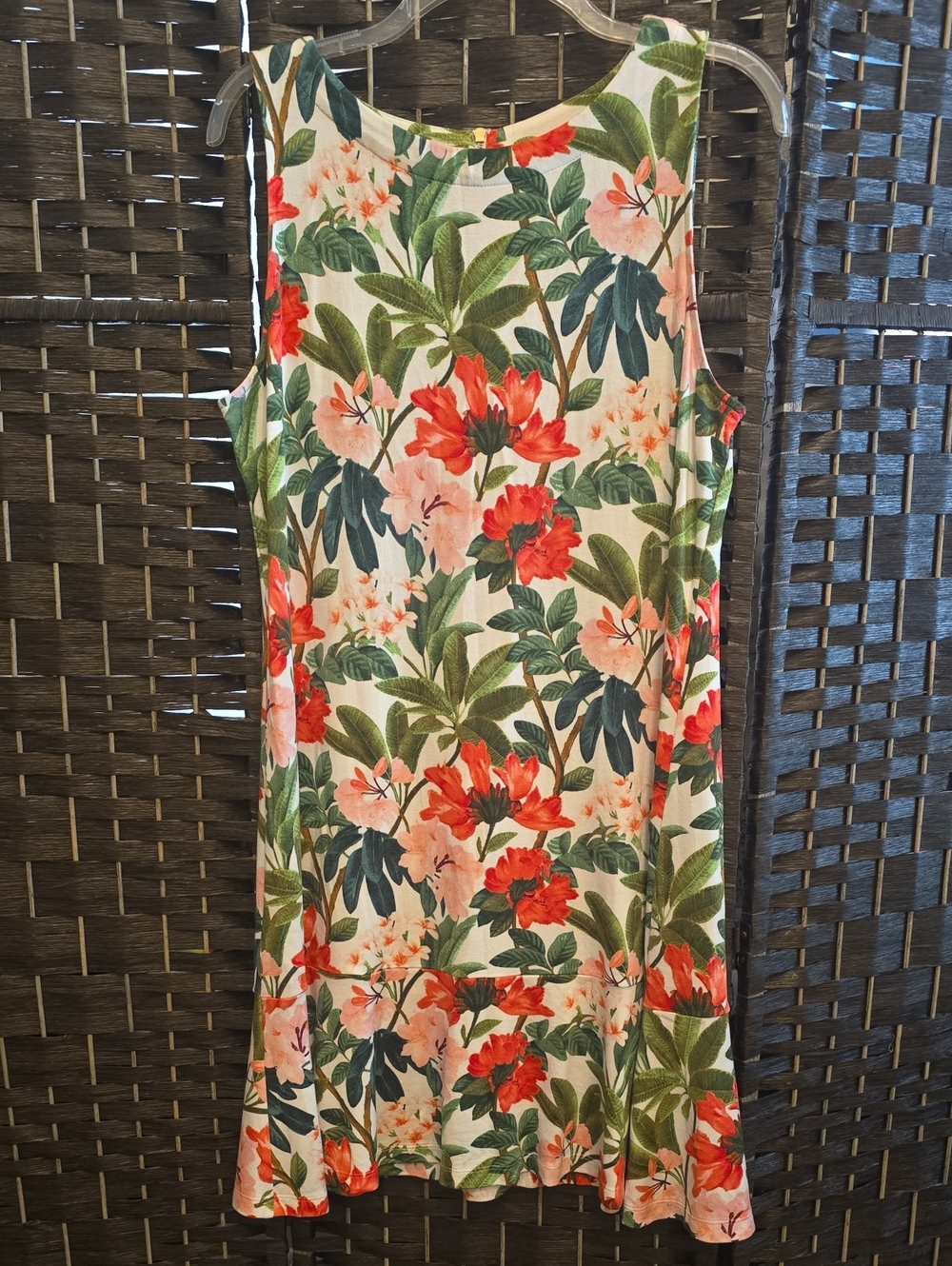 Tommy Bahama Cream Dress with Coral Flowers and Green Leaves, Tropical, Large